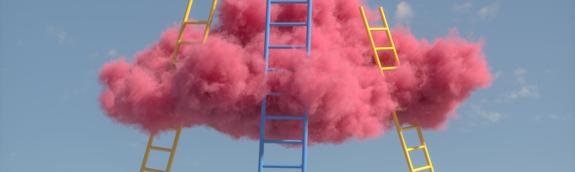 managing up three ladders leading up into a pink cloud